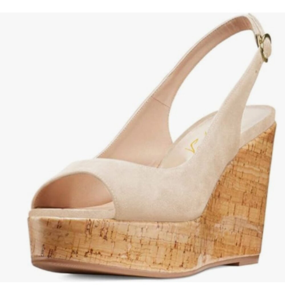 FOWT Apricot Peep Toe Slingback Platform Wedge High Heel Buckle Open Toe Sandals